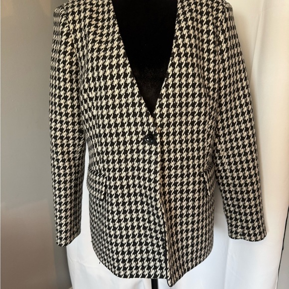 Express Black White Gray Tweed Jacket Blazer Button Jacquard Woven Wool Blend 14 - Picture 1 of 5